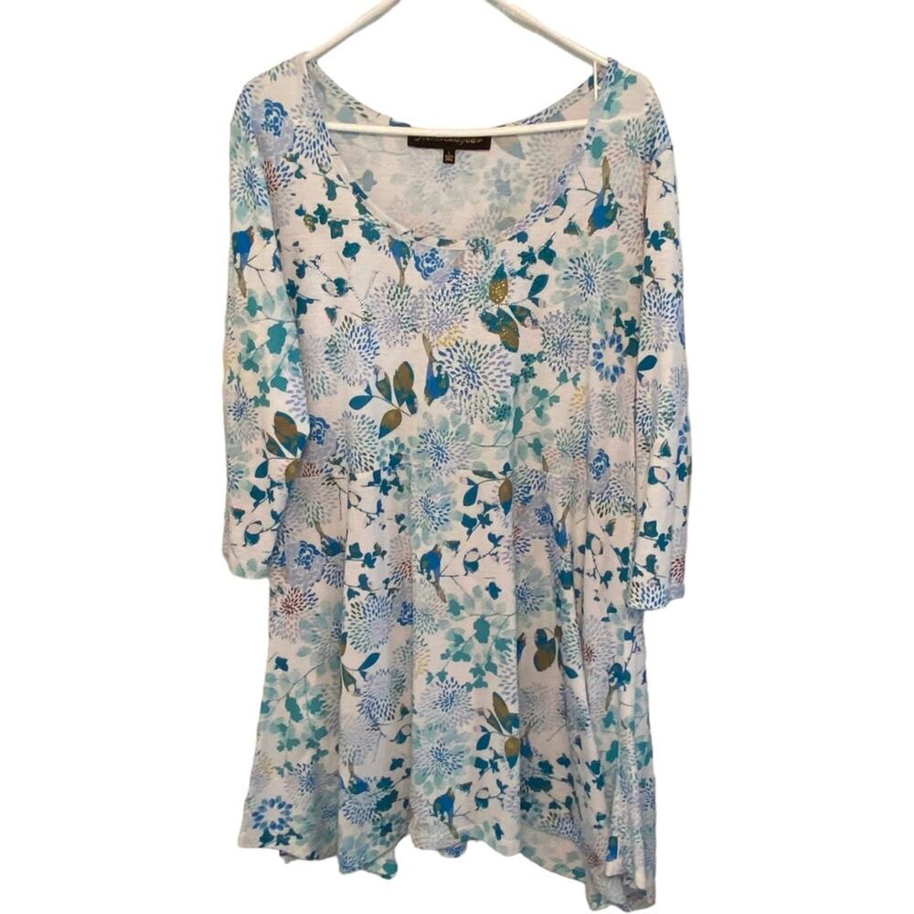 French Bazaar Women's Floral Printed Rhinestones Babydoll Style T Shirt Top L